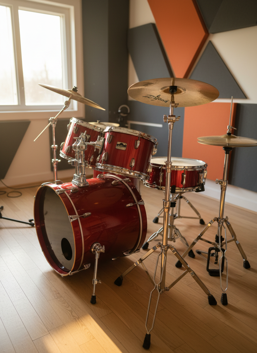 A sparkling, well-maintained five-piece drum kit with glossy red shells, polished chrome hardware, and slightly worn drumheads suggesting frequent, joyful practice. The kit is set up in a cozy, sound-treated studio room in the Perth Hills, with light timber floors and acoustic foam panels on the walls. Warm afternoon sunlight filters through a nearby window, casting soft, playful highlights on the cymbals and subtle shadows on the floor. Photographed at eye level with a slight angle from the front-right of the kit, using a shallow depth of field so the background gently blurs. The mood is inviting, energetic, and beginner-friendly, with photographic realism and vibrant, colorful tones that feel welcoming rather than intimidating.
