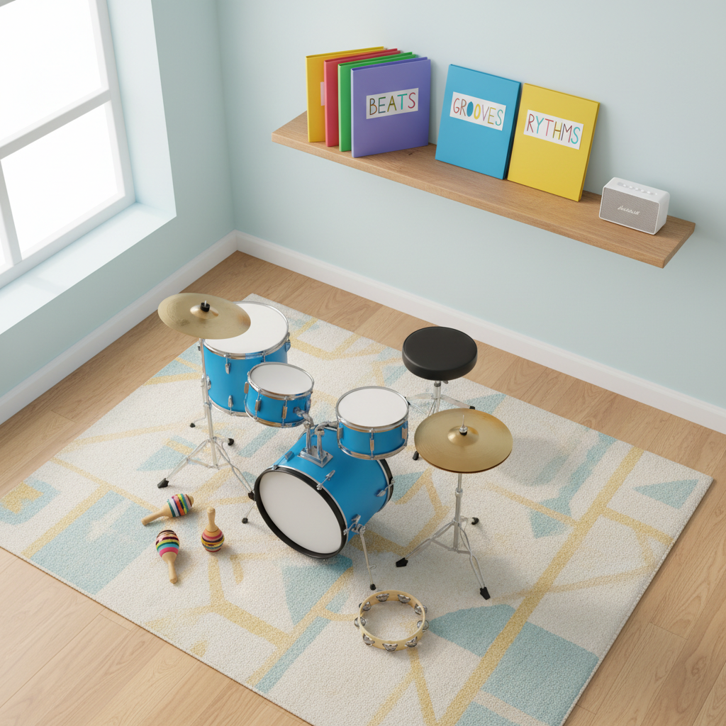 An overhead view of a playful drumming practice space featuring a compact blue drum kit sized for beginners, surrounded by neatly arranged percussion instruments: colorful shakers, a small tambourine, and a practice pad on a low stand. The room has light, airy walls, a soft rug with a subtle geometric pattern, and a tidy shelf lined with labeled music folders and a small speaker. Bright but diffused daylight fills the space, eliminating harsh shadows and giving everything a cheerful, welcoming glow. Shot from a bird’s-eye perspective with sharp focus throughout, the photographic realism and vibrant colors create an energetic, fun mood that encourages curious newcomers to explore rhythm.