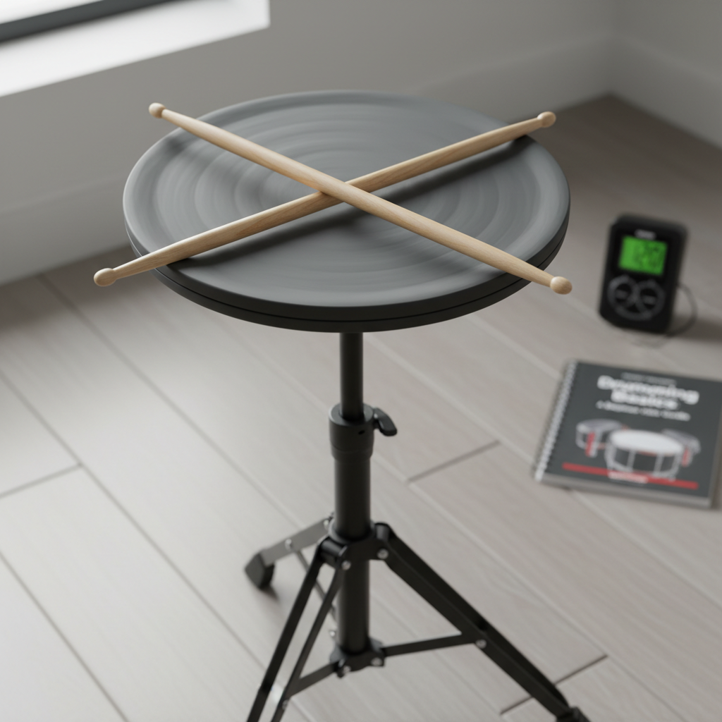 A close-up of a single practice pad mounted on a sturdy stand, its rubber playing surface slightly textured and dark grey, with a pair of light maple drumsticks crossing over it in a relaxed ‘X’ shape. The setup rests on a clean, pale wooden floor in a tidy practice corner, with a compact digital metronome and a spiral-bound drumming workbook slightly out of focus in the background. Soft, diffused natural light enters from the left, creating gentle highlights on the wood grain of the sticks. Captured from a slightly elevated angle with a tight, centered composition, the photographic style is clean and modern, conveying a calm, approachable atmosphere perfect for beginners learning the basics.